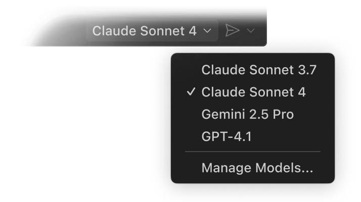 Dropdown menu in GitHub Copilot Chat displaying AI model options: 'Claude 3.7 Sonnet' selected, with other options like 'Claude 3.5 Sonnet', 'GPT 4.5', 'GPT 4o', and 'Manage Models...'